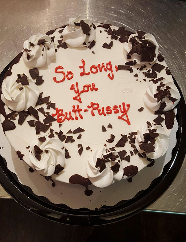 Farewell cake with humorous message and chocolate decorations.
