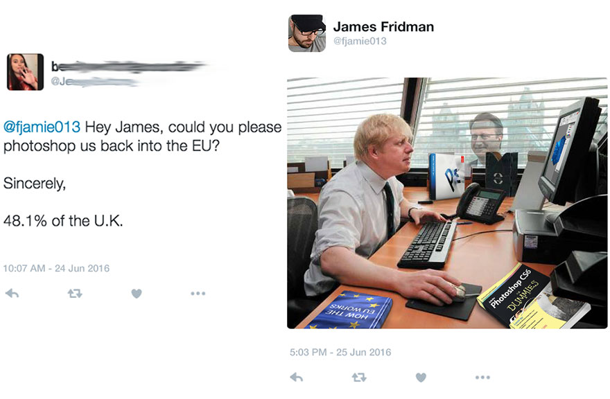 Photoshop troll editing image to literally place a person back into the EU using a computer and Photoshop book.