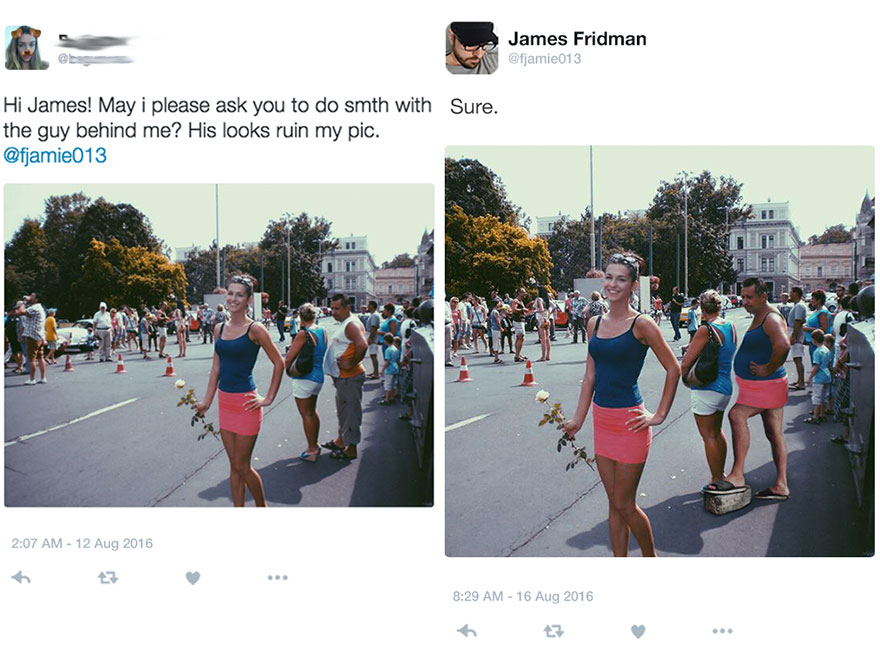 Woman posing with flower while Photoshop troll humorously edits man behind her to wear a skirt matching the woman's outfit.