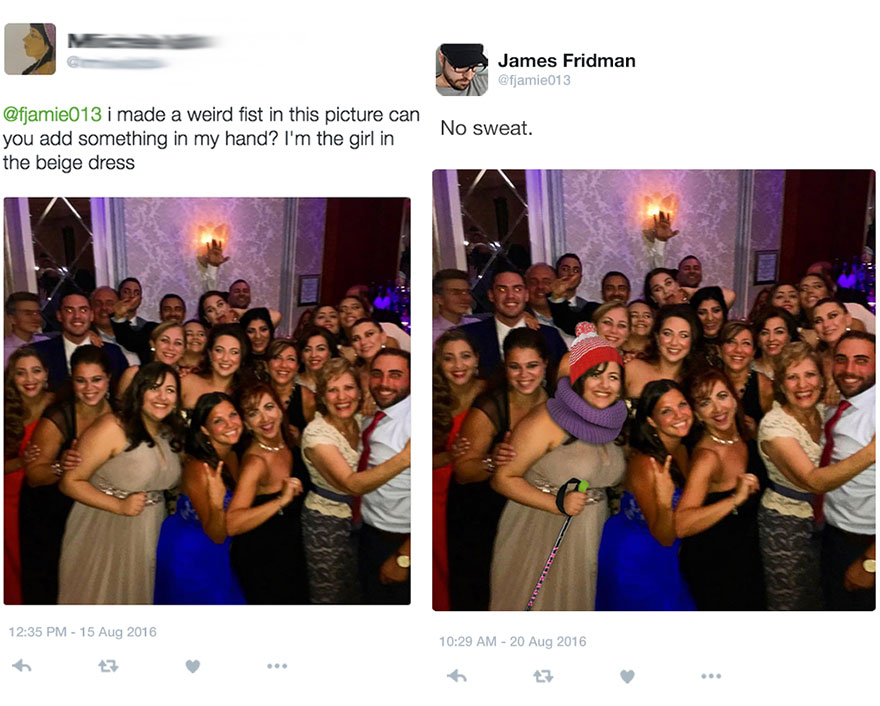 Group photo edited by Photoshop troll who takes photo requests too literally, adding winter accessories and a walking stick.