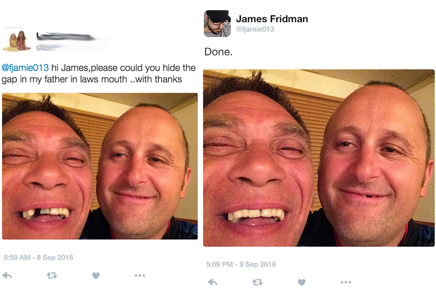 Two men smiling in a selfie, edited by Photoshop troll who takes photo requests too literally to hide a gap in teeth.