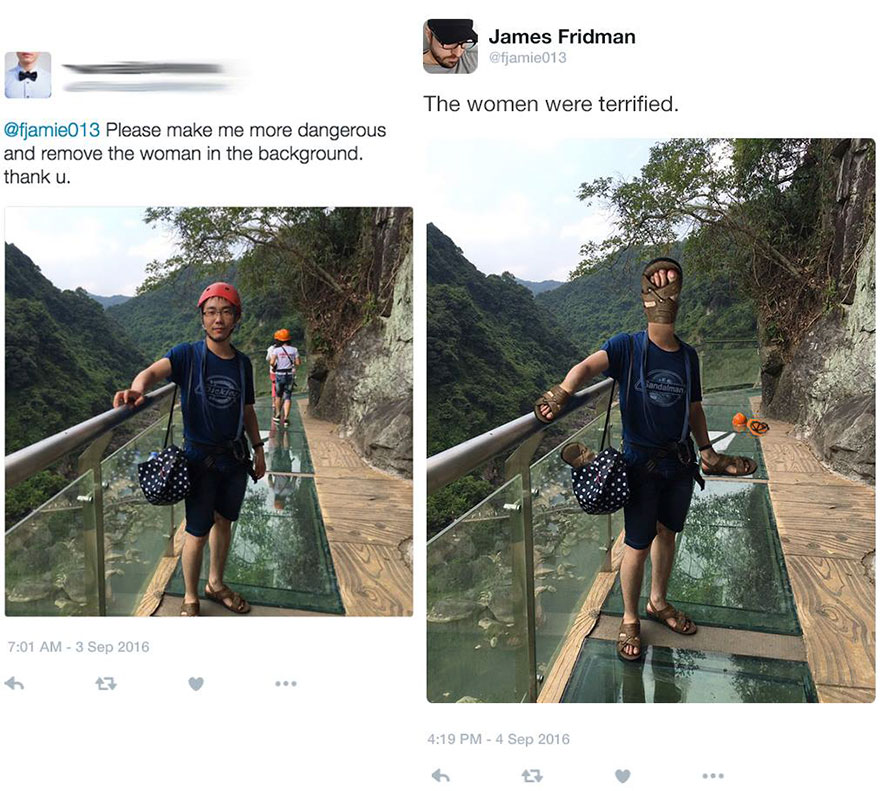 Man on glass bridge wearing helmet, with sandals edited over his face and body by Photoshop troll taking photo requests literally.