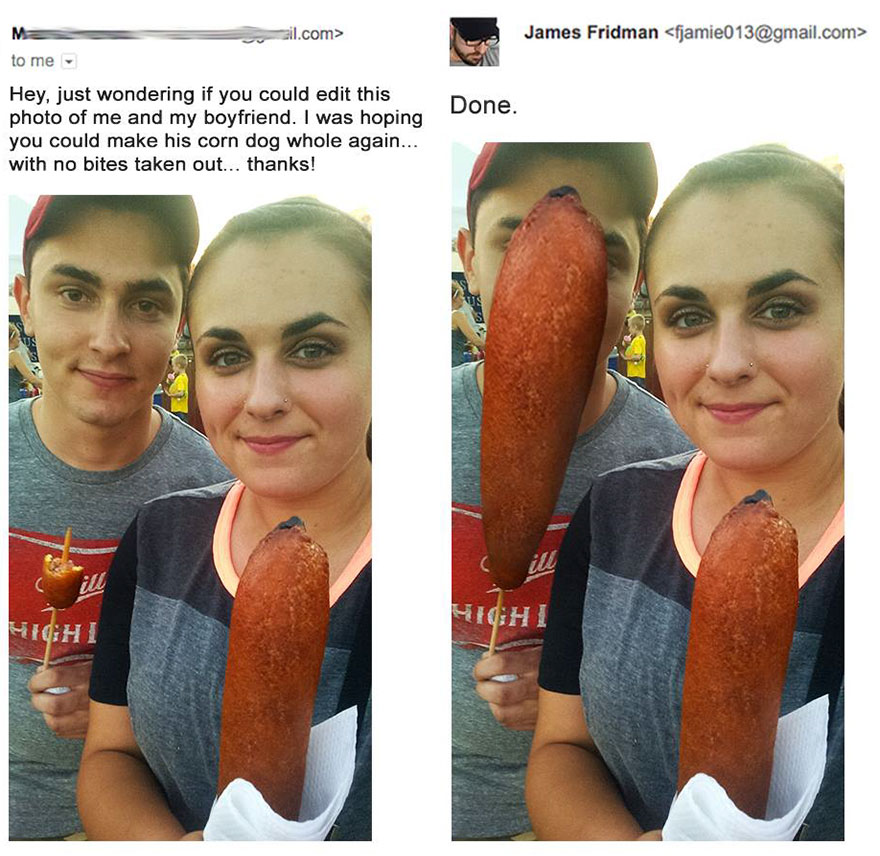 Photoshop troll humorously edits photo requests, showing a man holding an exaggeratedly large corn dog.