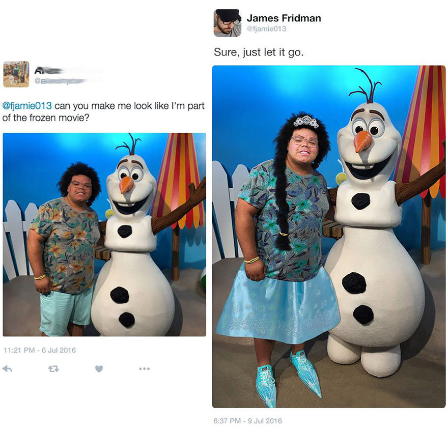 Man standing next to Olaf snowman, edited with a literal Frozen movie costume by Photoshop troll.