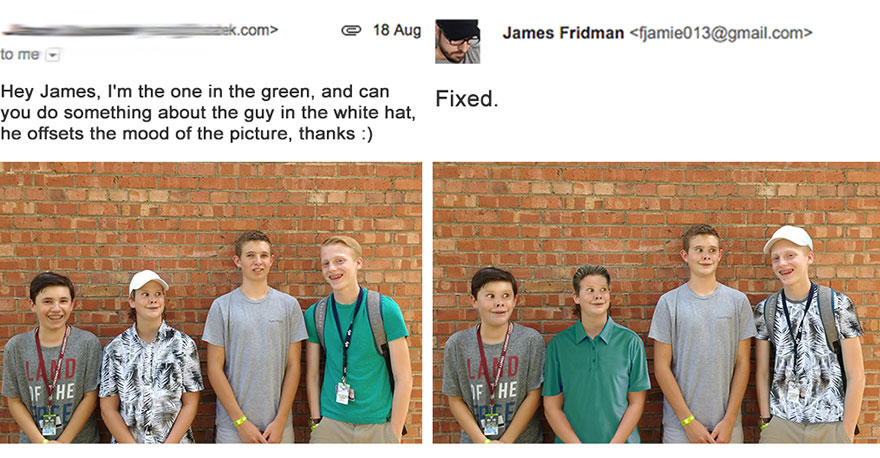 Email exchange showing a Photoshop troll humorously altering a photo request by changing the person in the white hat.