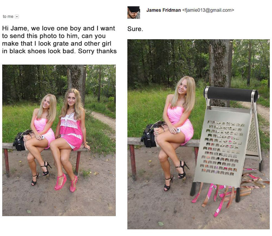 Photo showing Photoshop troll editing a picture literally by turning a girl’s shoes into a cheese grater.