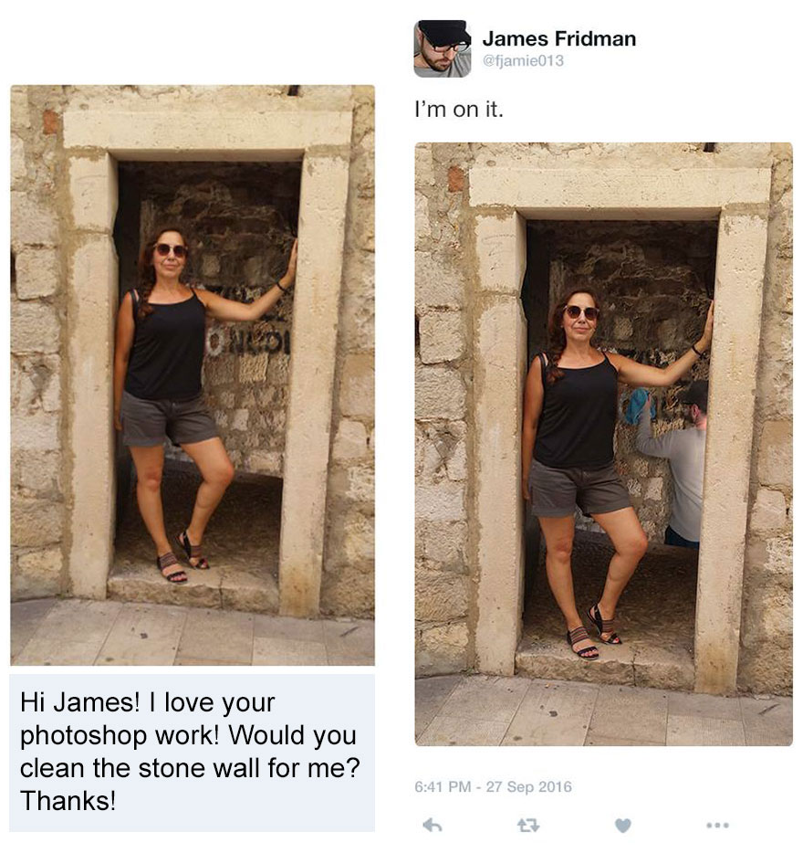 Photoshop troll humorously edits photo by literally cleaning stone wall behind woman in small doorway.