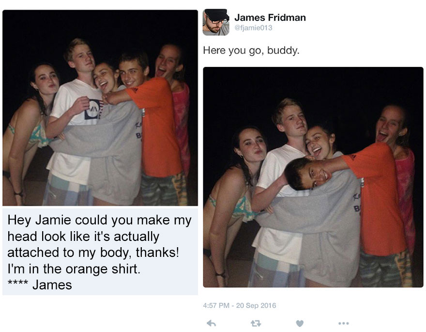 Group of friends posing at night with one person's head humorously edited to look attached to another's body, Photoshop troll style.
