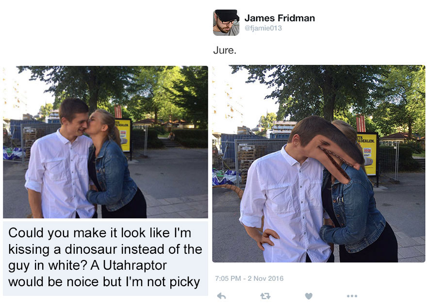 Photoshop troll edits a couple’s photo to literally replace a man with a distorted dinosaur head in a humorous way.
