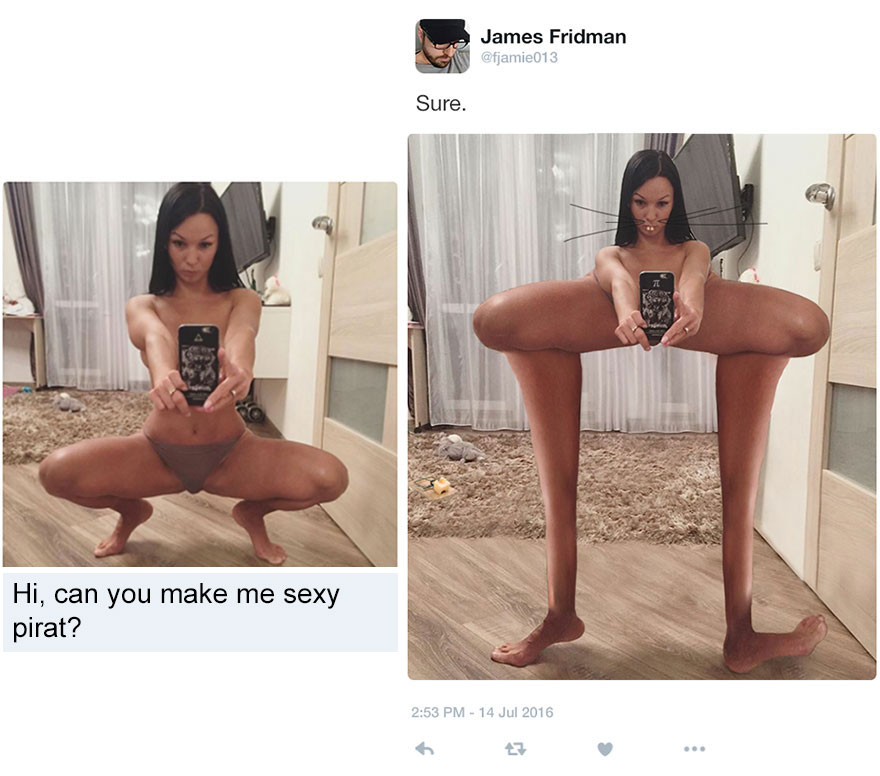 Woman taking a selfie squatting, then edited by Photoshop troll with extremely elongated legs and arms.
