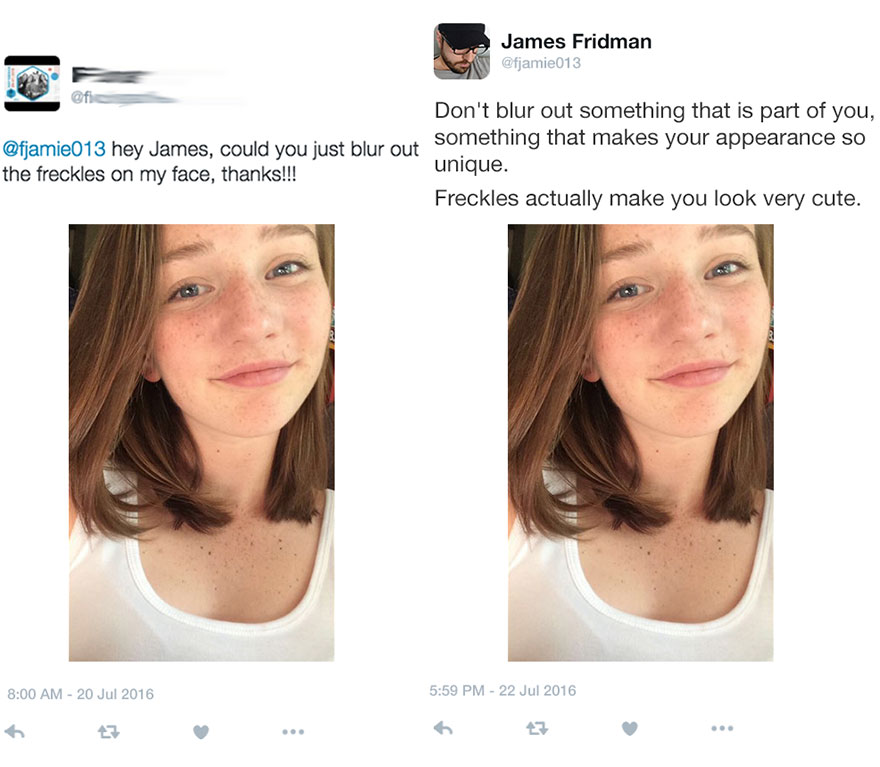 Photo of a young woman with freckles and a Photoshop troll responding to a literal photo request.