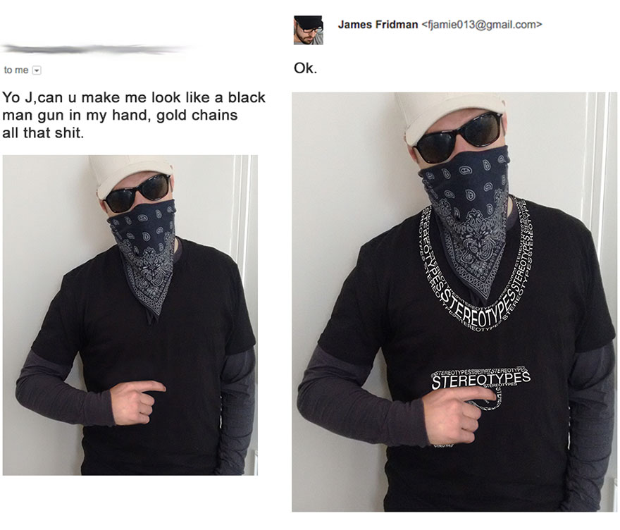 Man with sunglasses and bandana edited literally to wear gun and necklace made of the word stereotypes Photoshop troll photo request