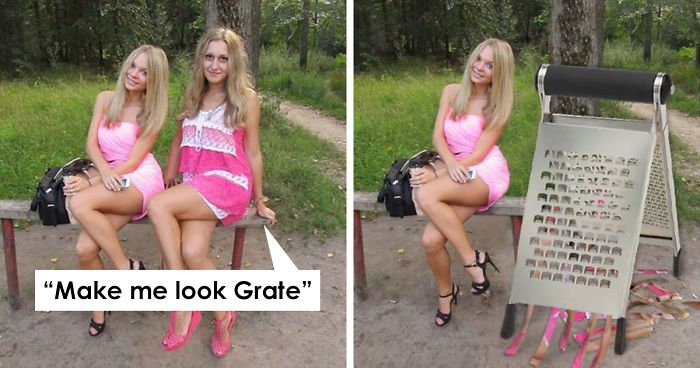 Two women sitting on a bench by a forest path with a literal photo Photoshop troll grating one woman