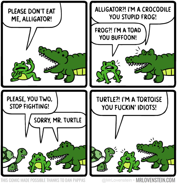 Three reptiles in a dark humour comic argue about identities.