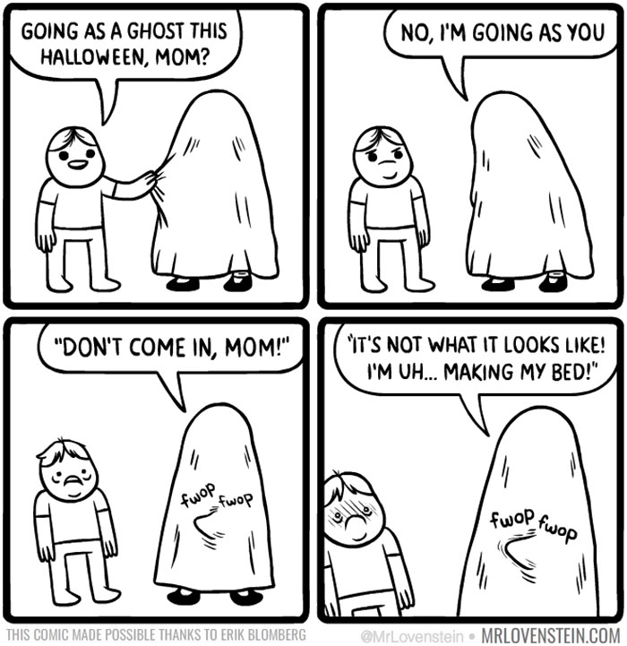 Comic of a child asking if mom is dressed as a ghost, revealing dark humor with unexpected twist.