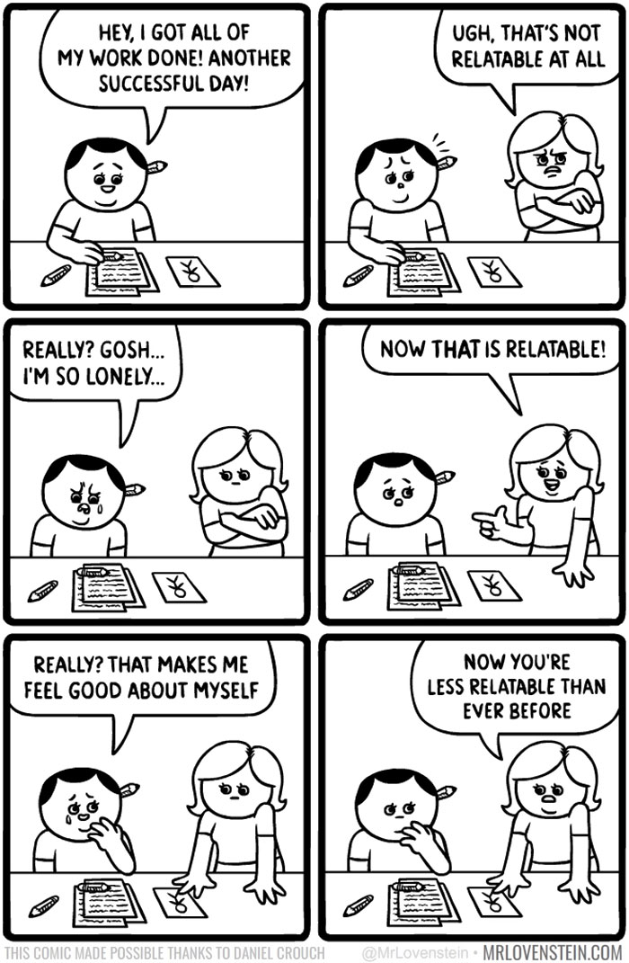 Comic strip showcasing dark humour with two characters discussing work productivity and loneliness.
