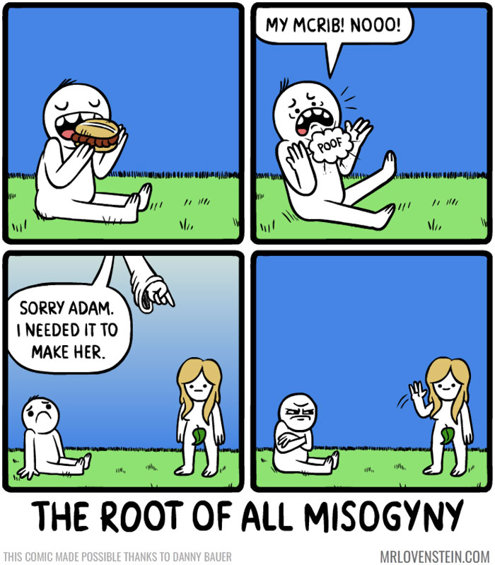Comic strip depicting a humorous twist on creation, involving a McRib sandwich disappearing to form a woman, showcasing dark humour.