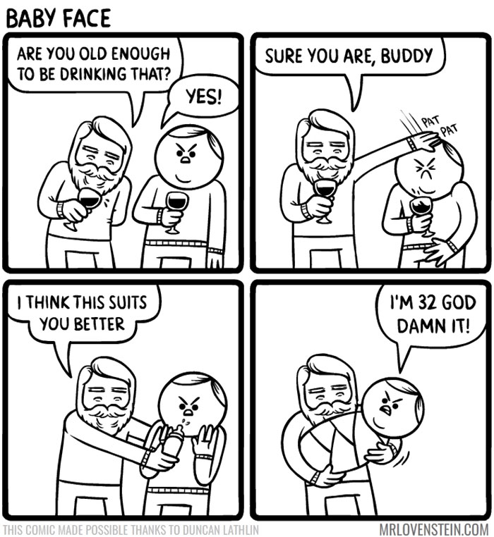 Comic strip with a man questioning another's age while drinking, highlighting dark humor.