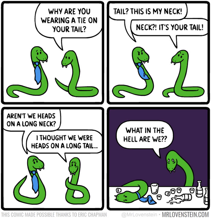 Two snakes in a comic are confused about whether they're necks or tails. One wears a tie, reflecting dark humour.