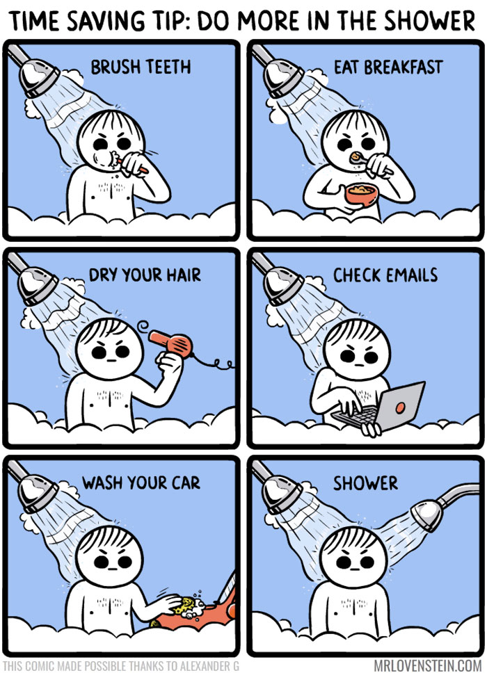 Comic on multitasking in the shower, brushing teeth, eating, drying hair, checking emails, washing a car, and showering. Dark humour.