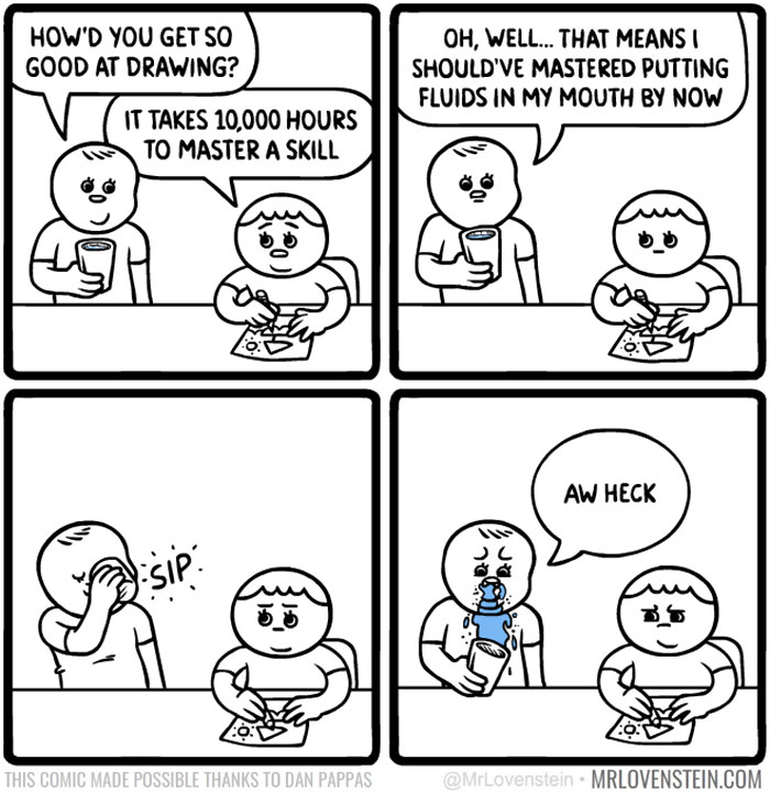 Comic of two people discussing skills, with dark humour about mastering drinking.