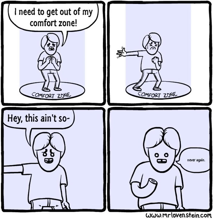 Comic about dark humour with a person nervously stepping out of comfort zone and regretting it.