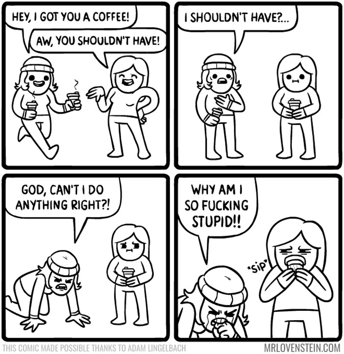 Comic strip with dark humor, featuring a coffee gift gone wrong and characters reacting with frustration.