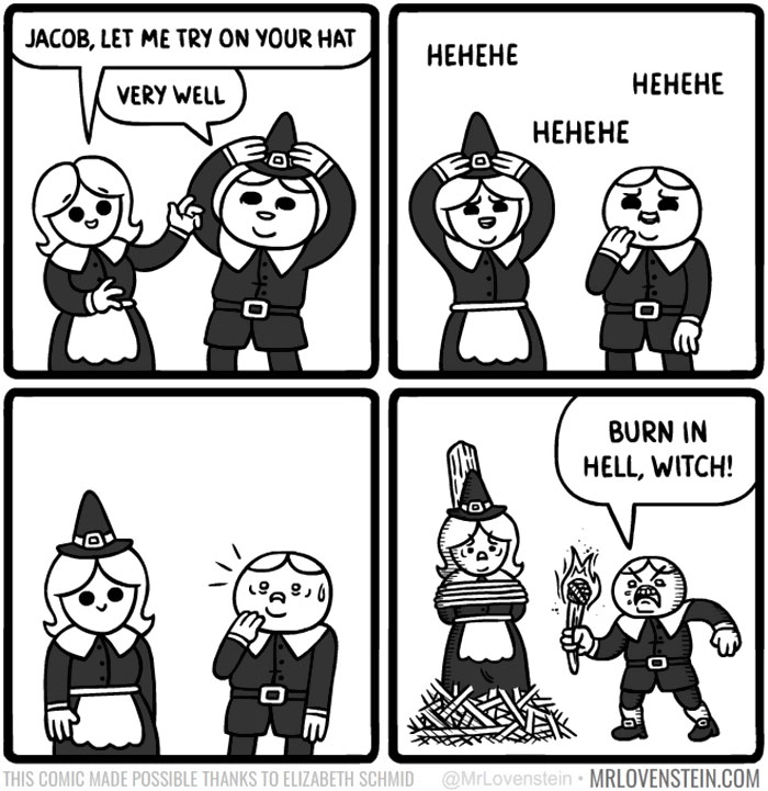 A comic with dark humour showing a character accused of witchcraft after wearing a hat.