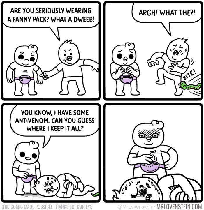 Comic strip with two characters, dark humour theme, focusing on a comical f***y pack exchange involving a snake bite.
