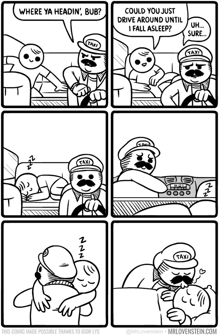 Taxi driver and passenger fall asleep in a car, dark humour comic scene.