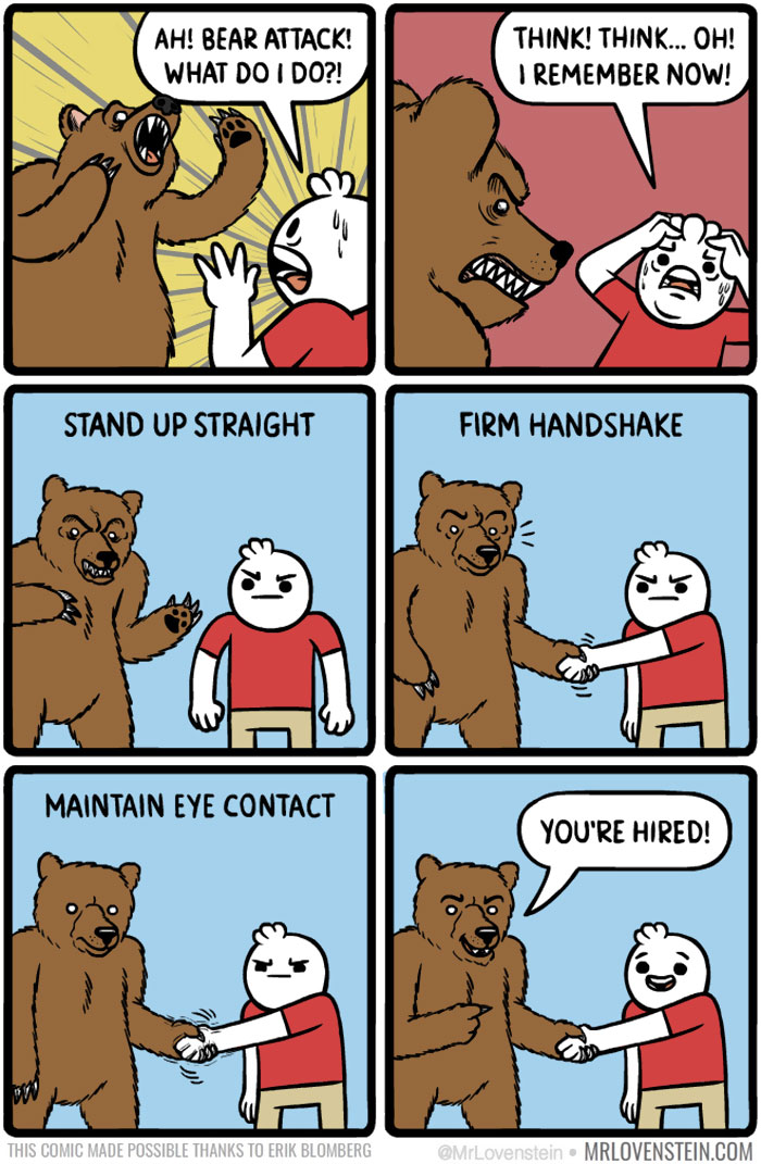 Comic of a man hiring a bear after following interview tips; stand up straight, firm handshake, maintain eye contact. Dark humour.