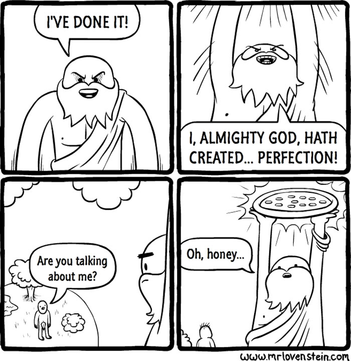 God in a comedic cartoon claims perfection in creation, revealing a pizza, showcasing dark humour.