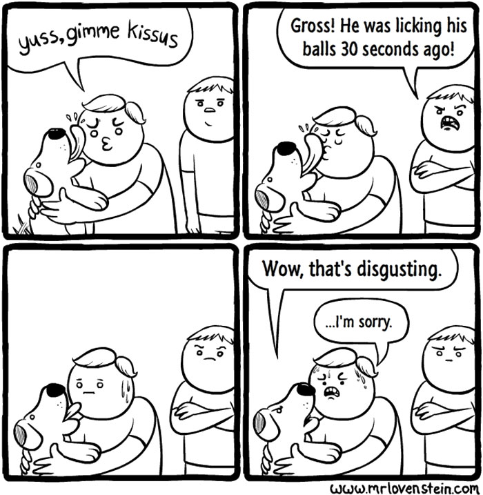 Man and dog in a dark humor comic about awkward kisses, featuring a funny twist on pet affection.