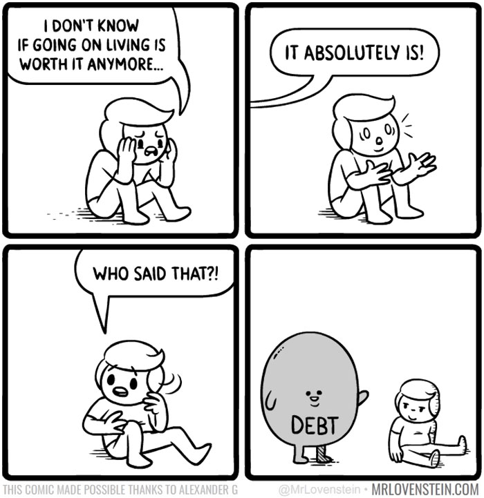 Comic character confronted by personified debt in a dark humour scene.