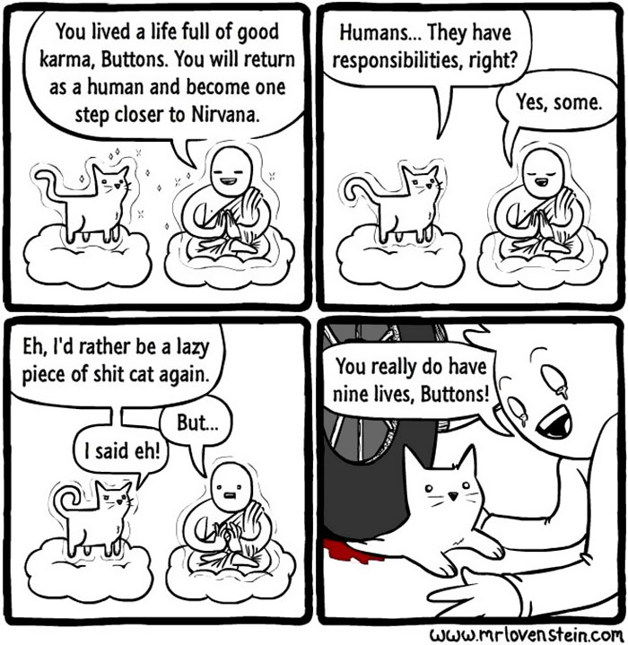 Cat choosing to avoid human responsibilities in a dark humor comic.