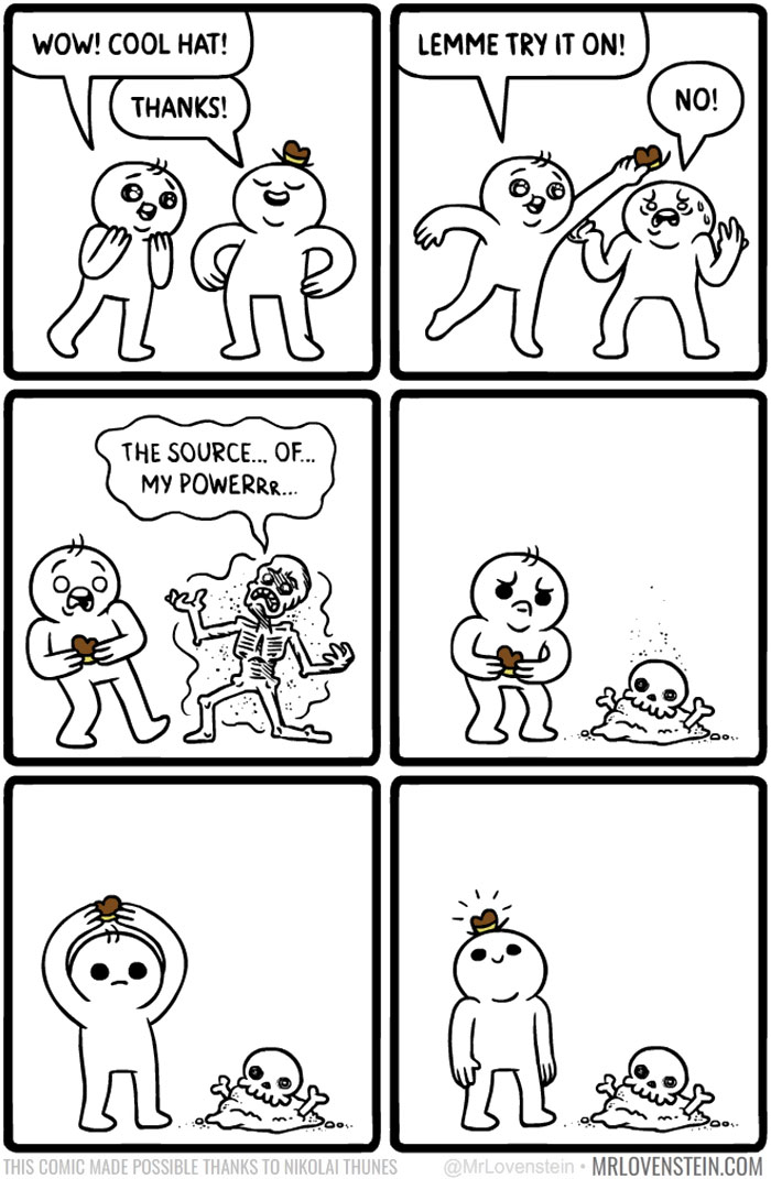 Dark humor comic about a magical hat transferring power, shown through a funny transformation.