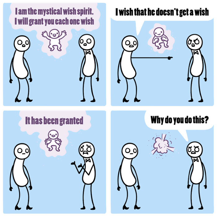 Stick figures in a dark humor comic about a wish-granting spirit and a conflicting wish scenario.