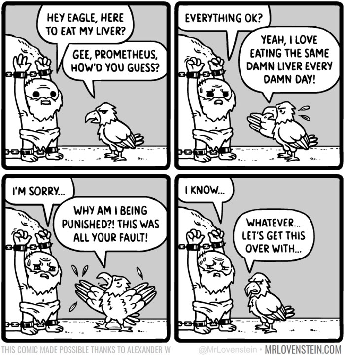 Prometheus and eagle in a dark humor comic discussing liver eating in a funny, sarcastic exchange.