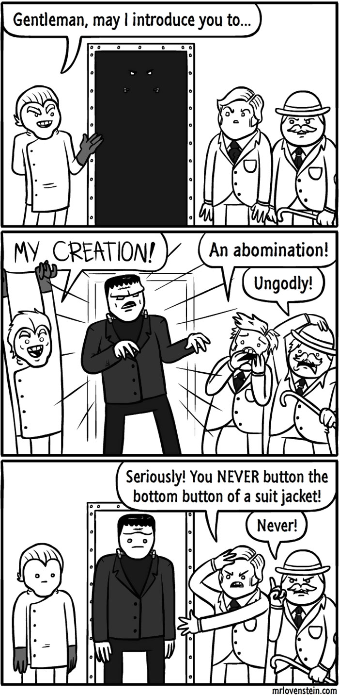 Dark humour comic: Scientist presents creation; bystanders gasp, criticizing the buttoned suit jacket.