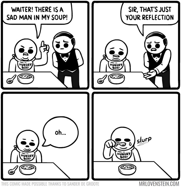 Comic strip shows a waiter and a customer with dark humor about soup reflection.