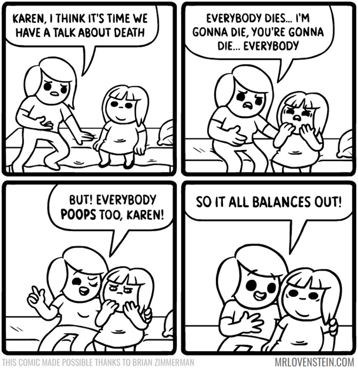 Two characters in a humorous comic discussing life and death, showcasing dark humour.