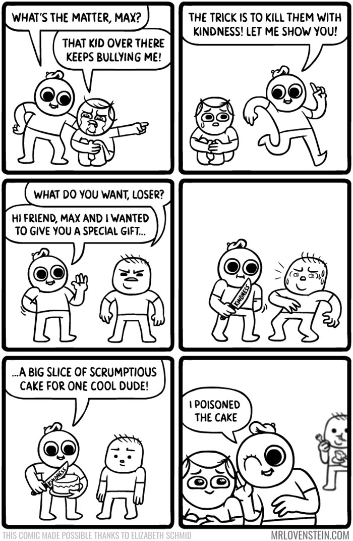 Comic strip featuring dark humour with characters discussing bullying and a poisoned cake prank.