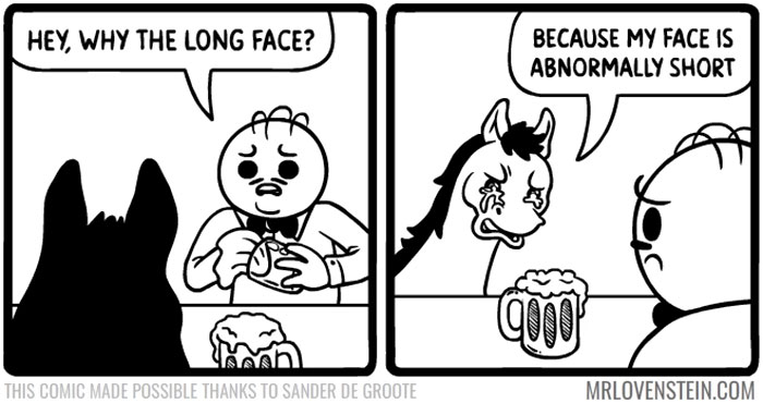 Comic featuring a humorous exchange about face length over drinks, showcasing dark humor.