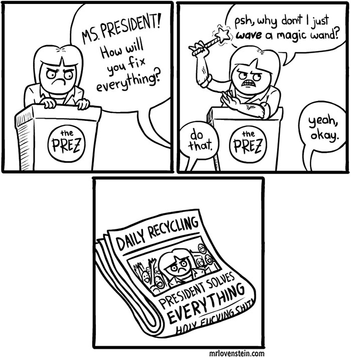 Comic of president jokingly fixing problems with a magic wand, headline reads "President Solves Everything." Dark humor comic.