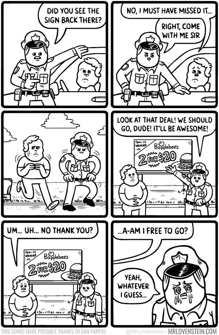 Comic of a police officer with dark humour, showing an unconventional interaction with a driver about a fast food deal.