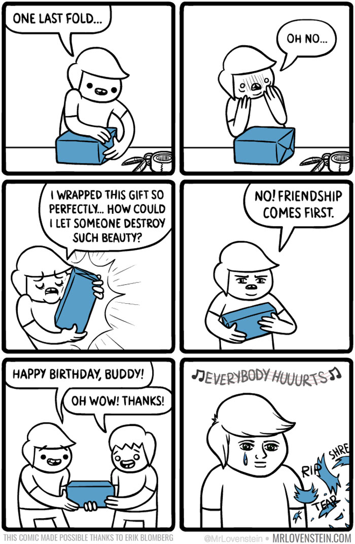 Comic strip illustrating dark humor with a character hesitating to unwrap a beautifully wrapped gift before deciding friendship matters.