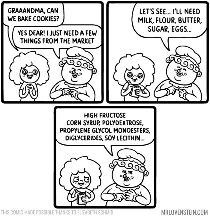 Grandma and child discussing dark humor comic ingredients for baking cookies, featuring unexpected additions.
