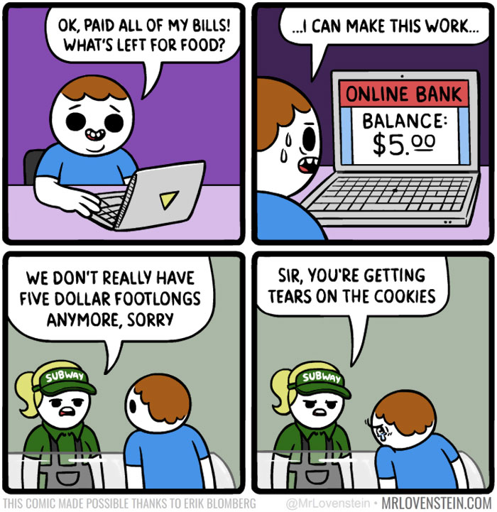 Comic strip about dark humor with a character struggling to buy food with $5 in their online bank account.
