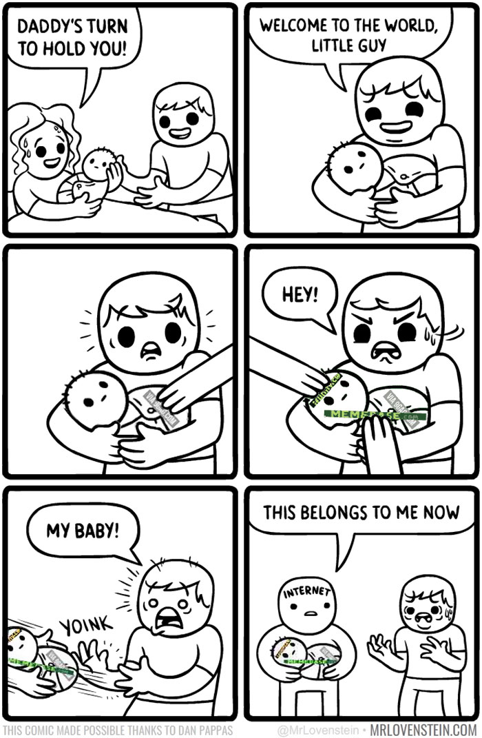 Comic strip depicting a humorous scene with a baby labeled as social media.