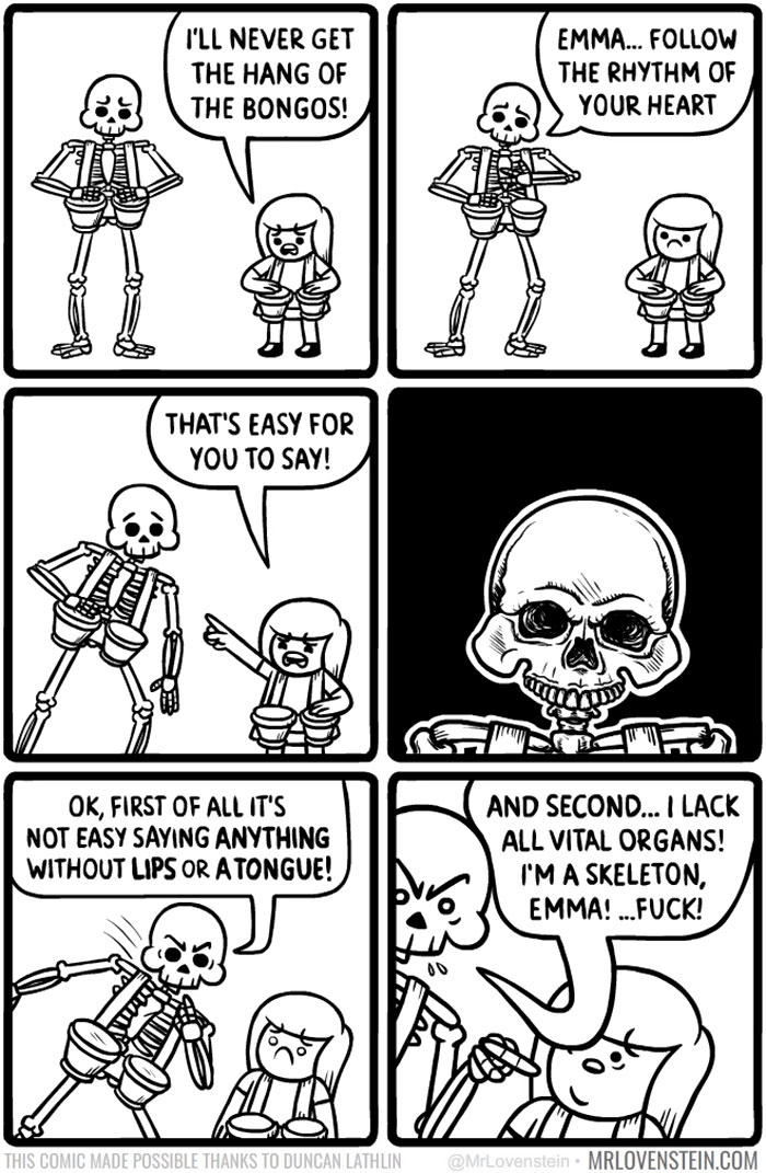 Skeleton struggles playing bongos in dark humour comic strip.